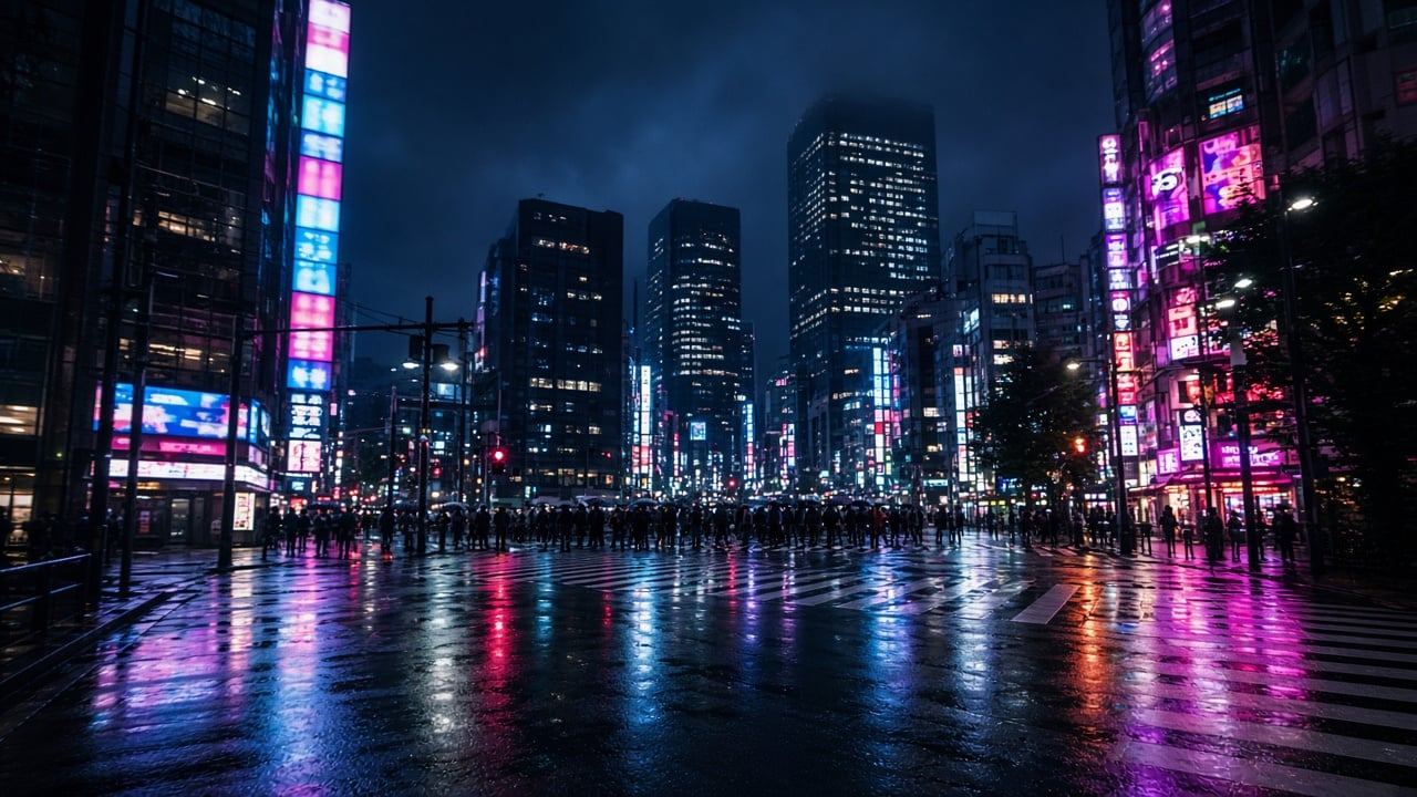 Shinjuku neon streets at night after rain