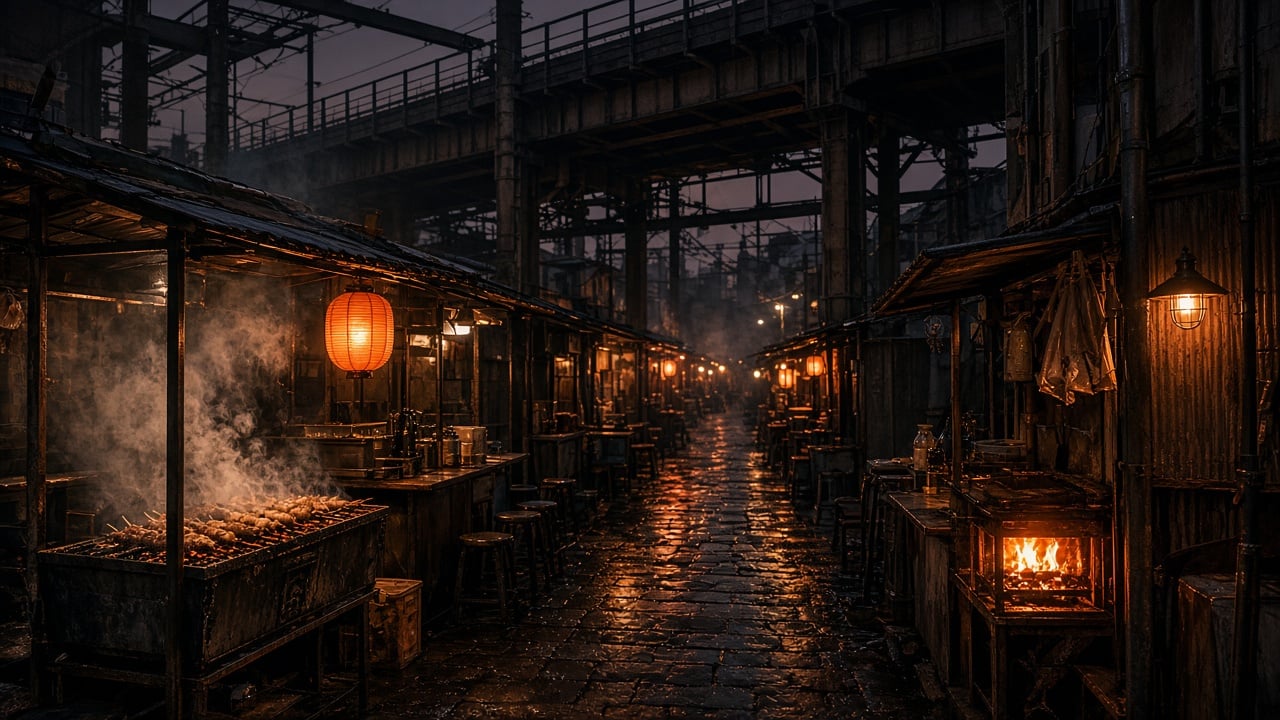 Omoide Yokocho yakitori alley with hanging lanterns beside the tracks