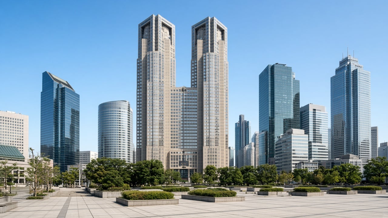 Clear-day Tokyo skyscraper skyline stand-in for a Shinjuku day-trip departure