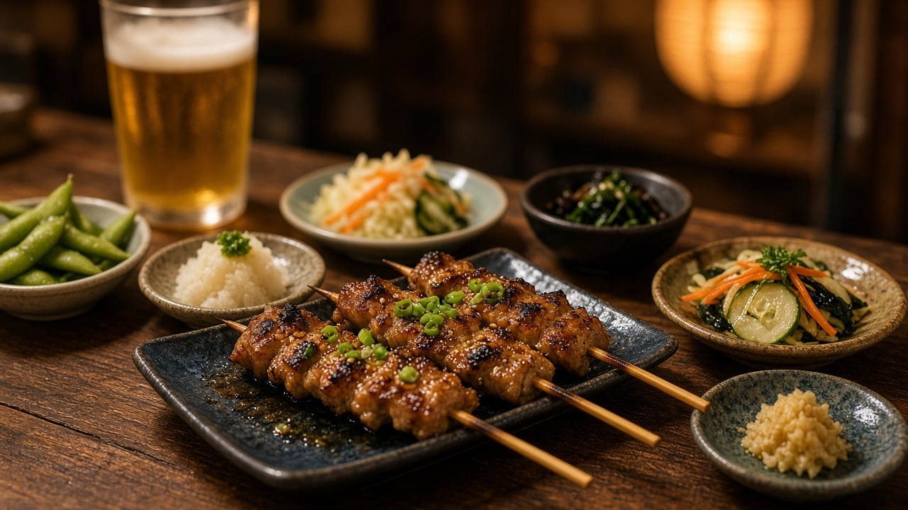 Izakaya counter with grilled skewers and small plates in Shinjuku