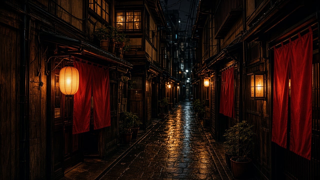 Narrow neon alley with small bar entrances in Shinjuku at night